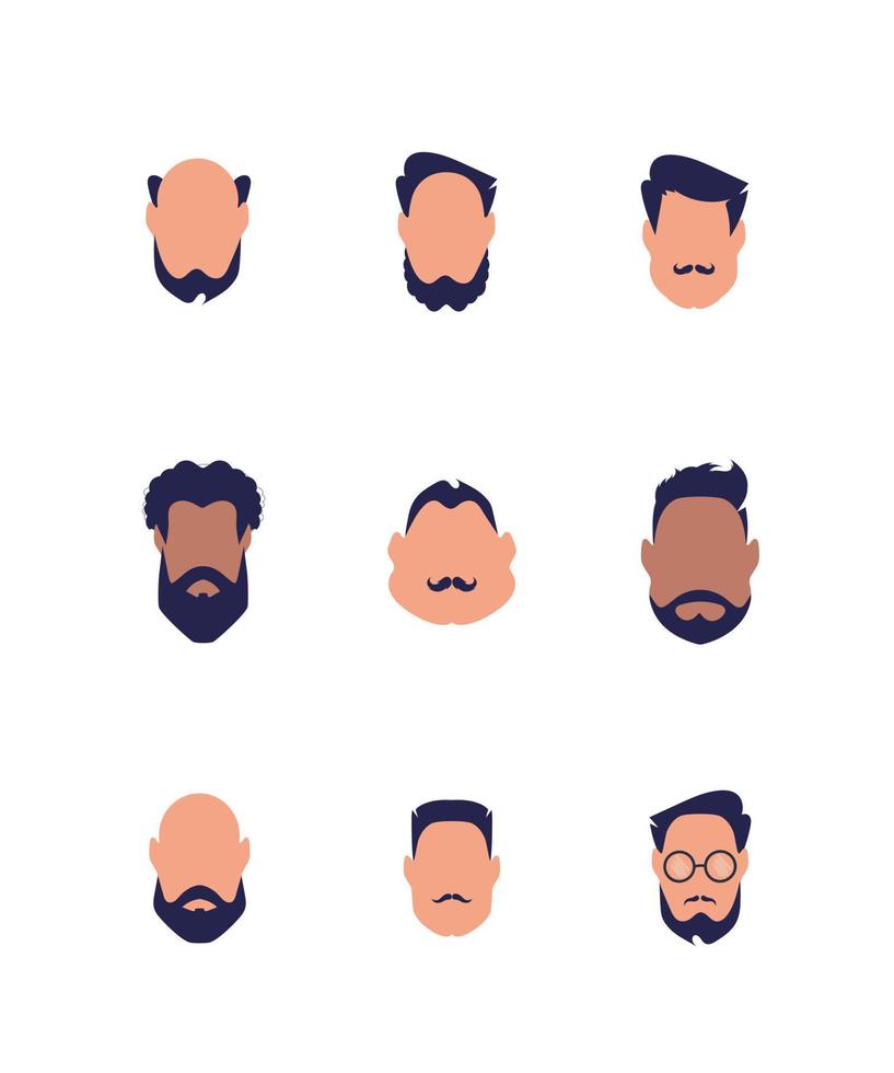 ensemble de visages de gars de différents types et nationalités. isolé sur fond blanc. illustration vectorielle. vecteur