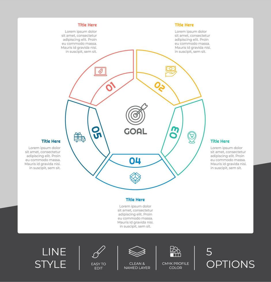 conception de vecteur infographique d'option de cercle avec 5 options de style coloré à des fins de présentation. L'infographie d'option de ligne peut être utilisée pour les affaires et le marketing