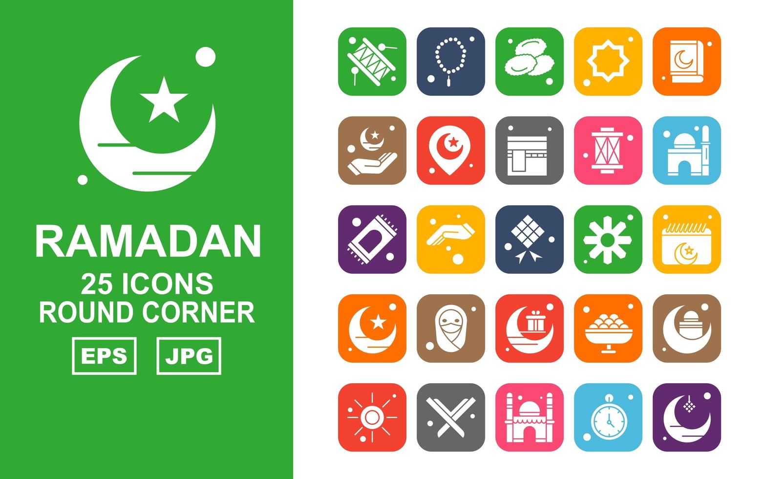 25 pack d'icônes de coin rond ramadan premium vecteur