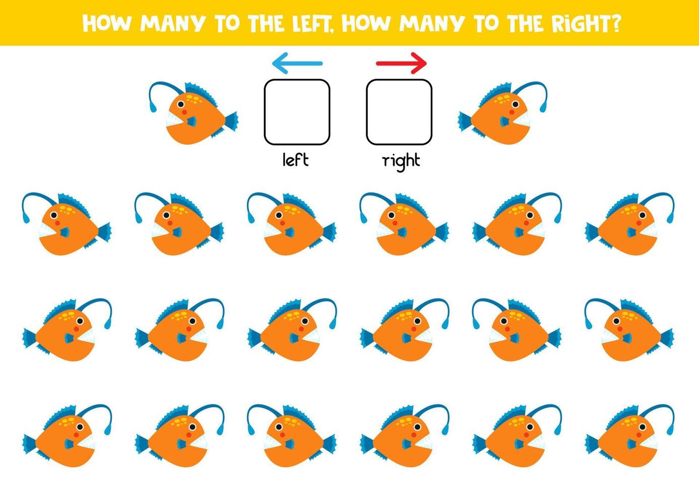 à gauche ou à droite avec de jolis poissons baudroie. feuille de travail logique pour les enfants d'âge préscolaire. vecteur