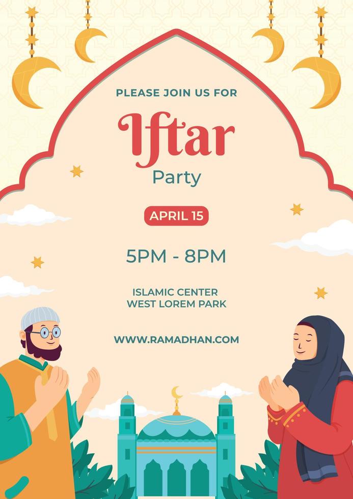 affiche d'invitation iftar ramadan plat dessiné à la main vecteur