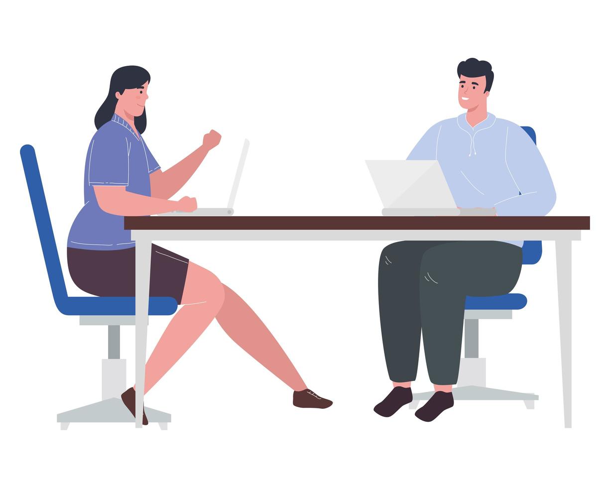 femme et homme avec des ordinateurs portables au bureau de conception de vecteur de travail