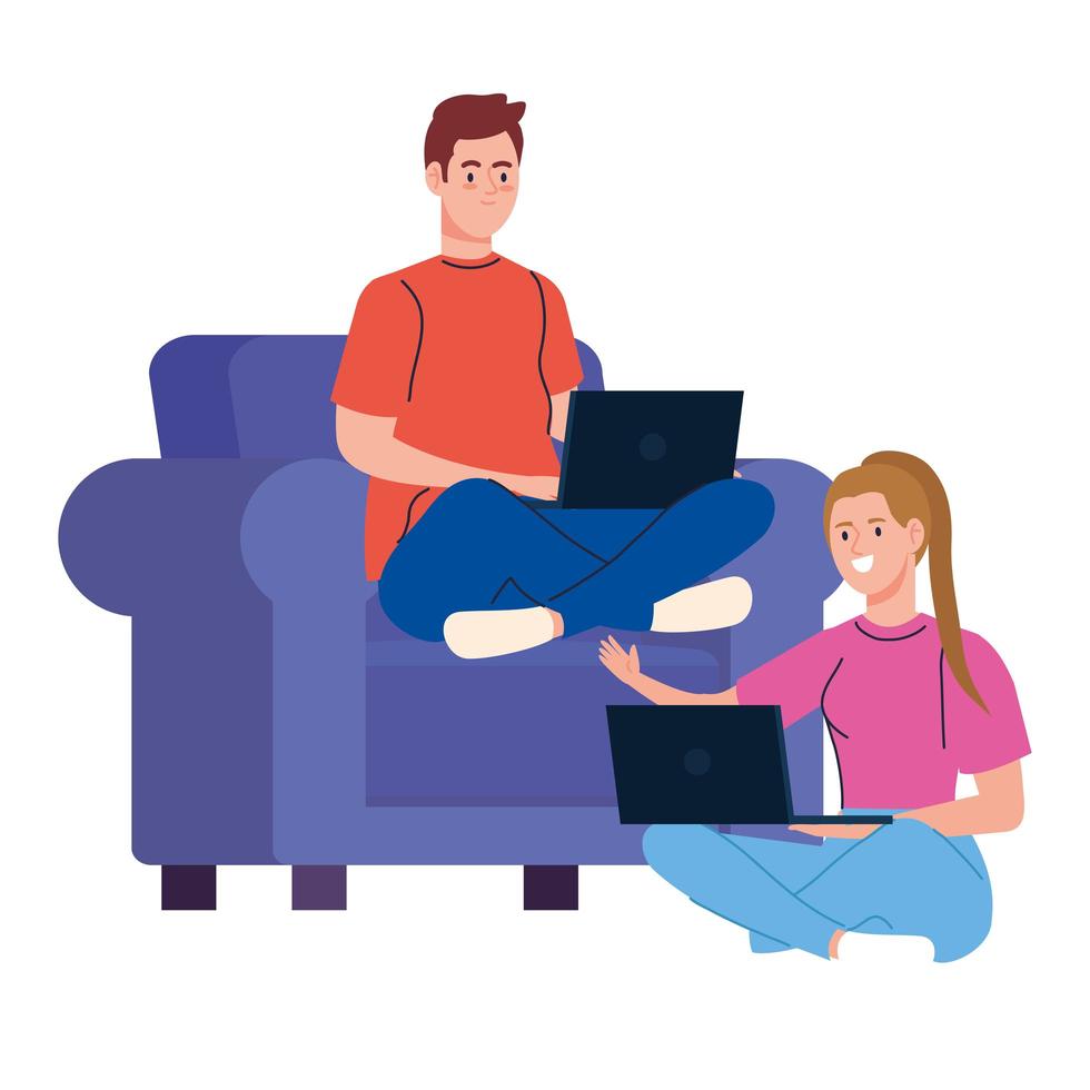 dessins animés femme et homme avec ordinateur portable sur chaise conception de vecteur de travail