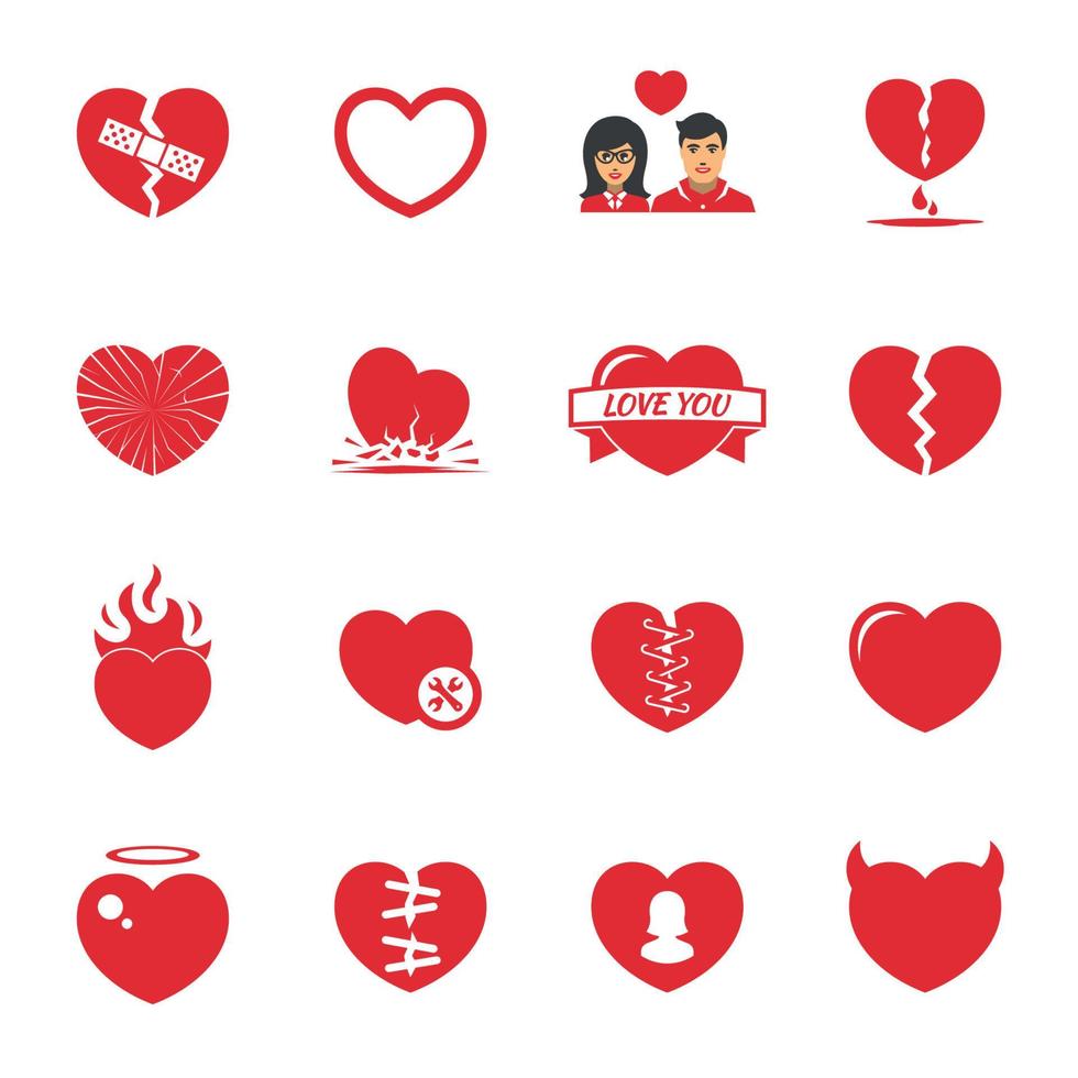 jeu d'icônes de coeurs d'amour. cœurs brisés. collection de couleur rouge vecteur