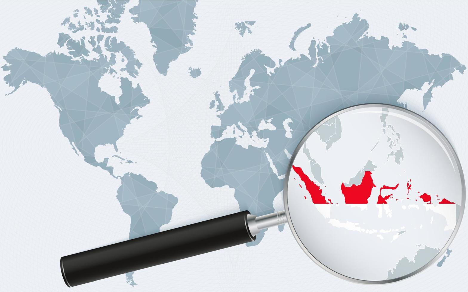 carte du monde avec une loupe pointant vers l'indonésie. carte de l'indonésie avec le drapeau dans la boucle. vecteur
