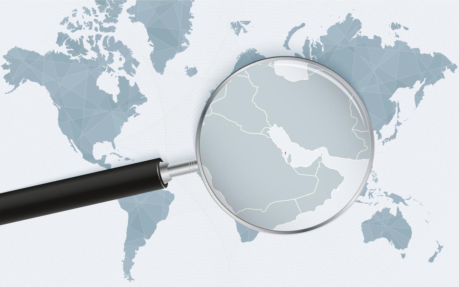 carte du monde avec une loupe pointant vers bahreïn. carte de bahreïn avec le drapeau dans la boucle. vecteur