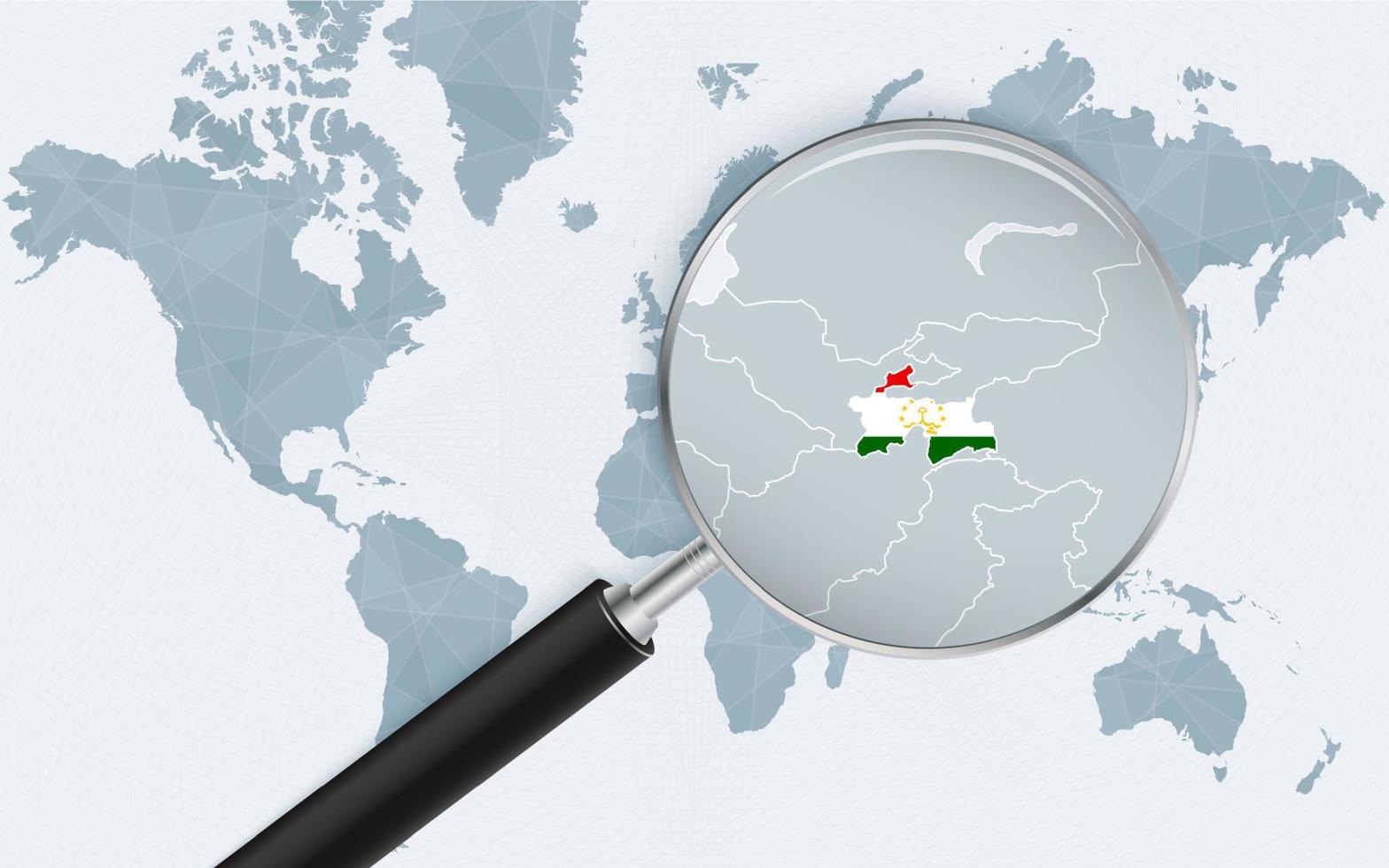 carte du monde avec une loupe pointant vers le tadjikistan. carte du tadjikistan avec le drapeau dans la boucle. vecteur