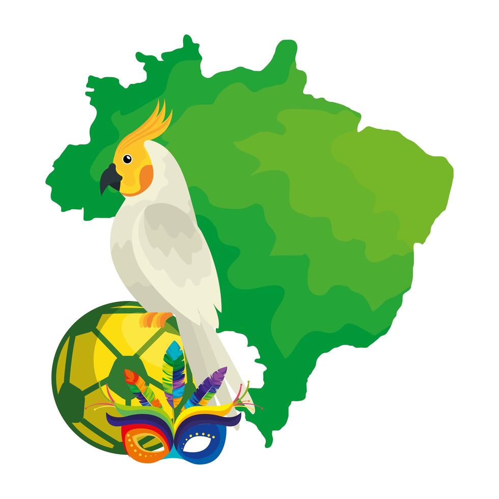 carte du brésil avec perroquet et icônes traditionnelles vecteur