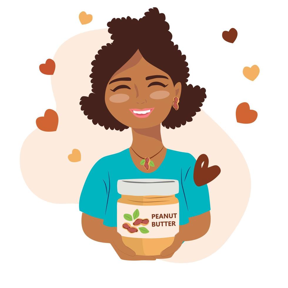 femme afro-américaine souriante avec un pot de bouteille de beurre d'arachide. illustration vectorielle pour la journée nationale des amoureux du beurre d'arachide sur fond de coeurs. vecteur
