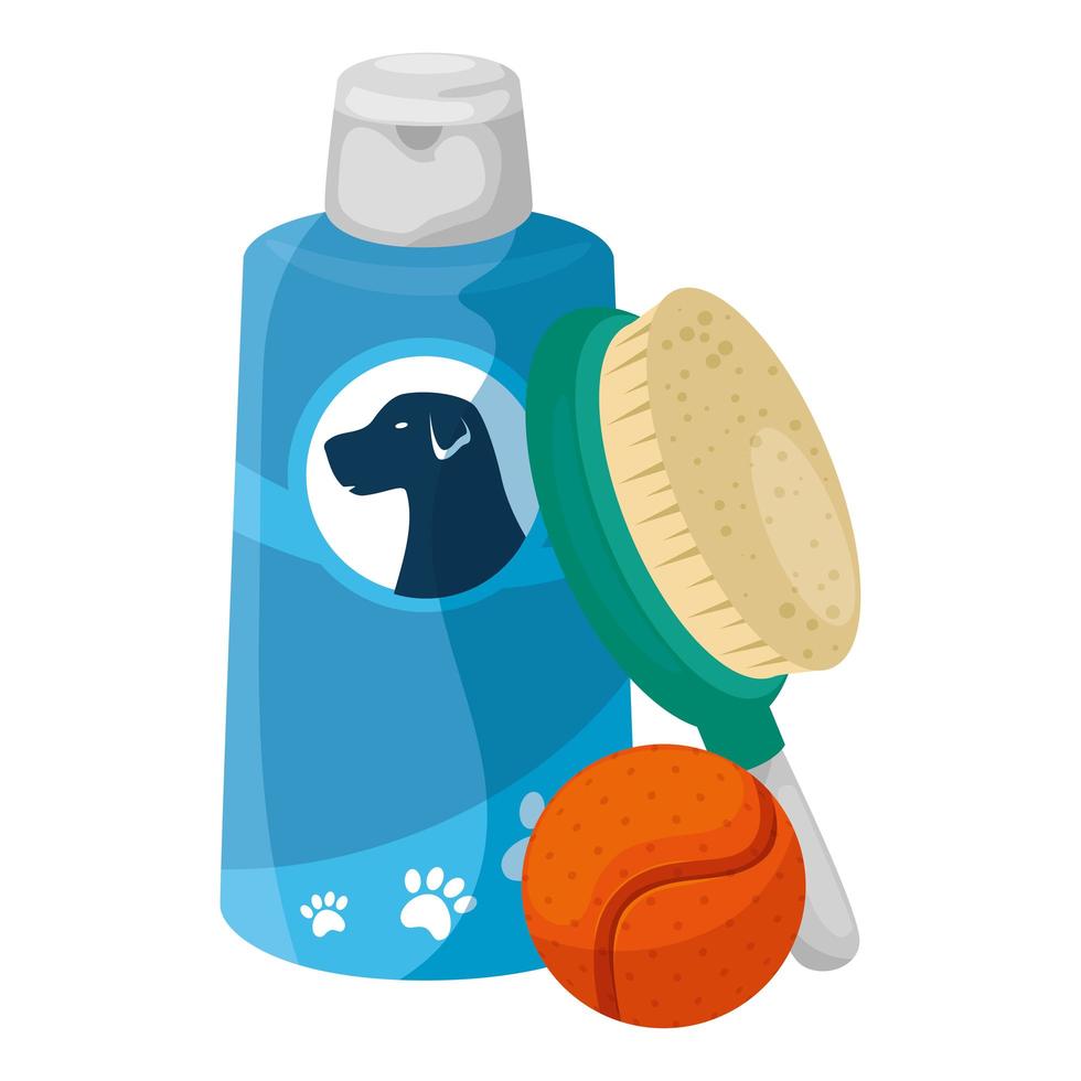 brosse pour animaux de compagnie avec une bouteille de soins pour chiens et un jouet balle vecteur