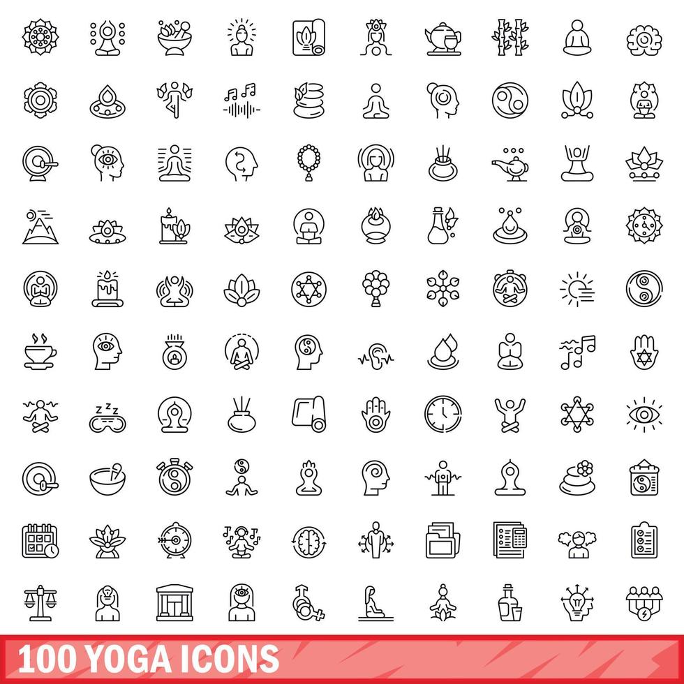 Ensemble de 100 icônes de yoga, style de contour vecteur