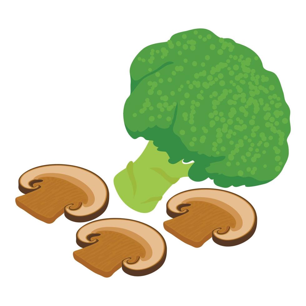 vecteur isométrique d'icône de nourriture utile. brocoli frais vert et champignon champignon