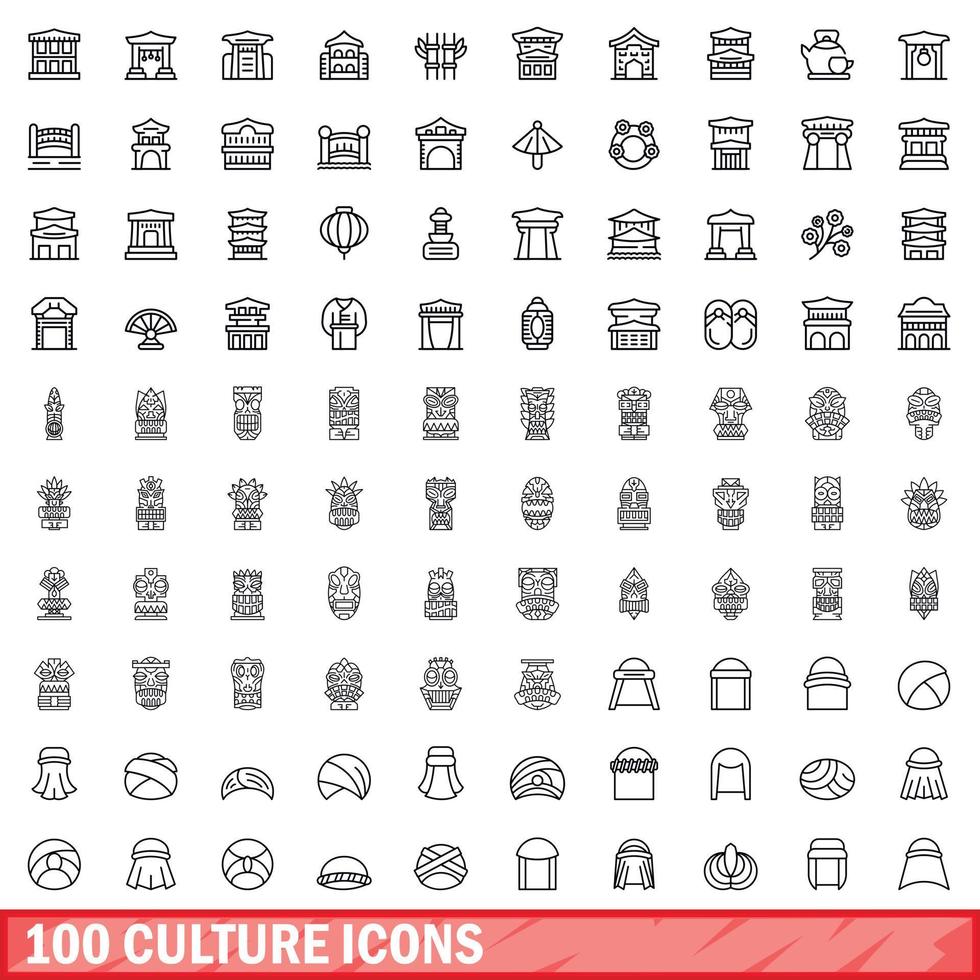 Ensemble de 100 icônes de culture, style de contour vecteur