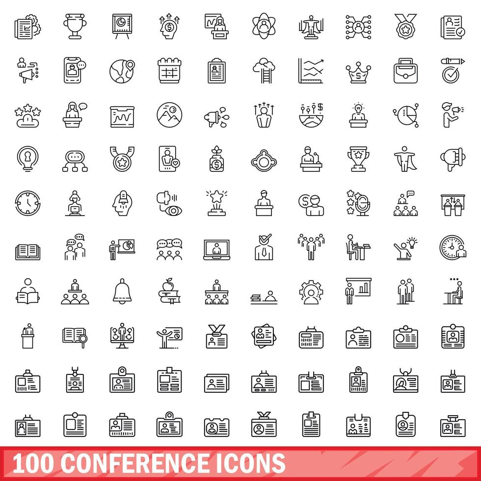 Ensemble de 100 icônes de conférence, style de contour vecteur