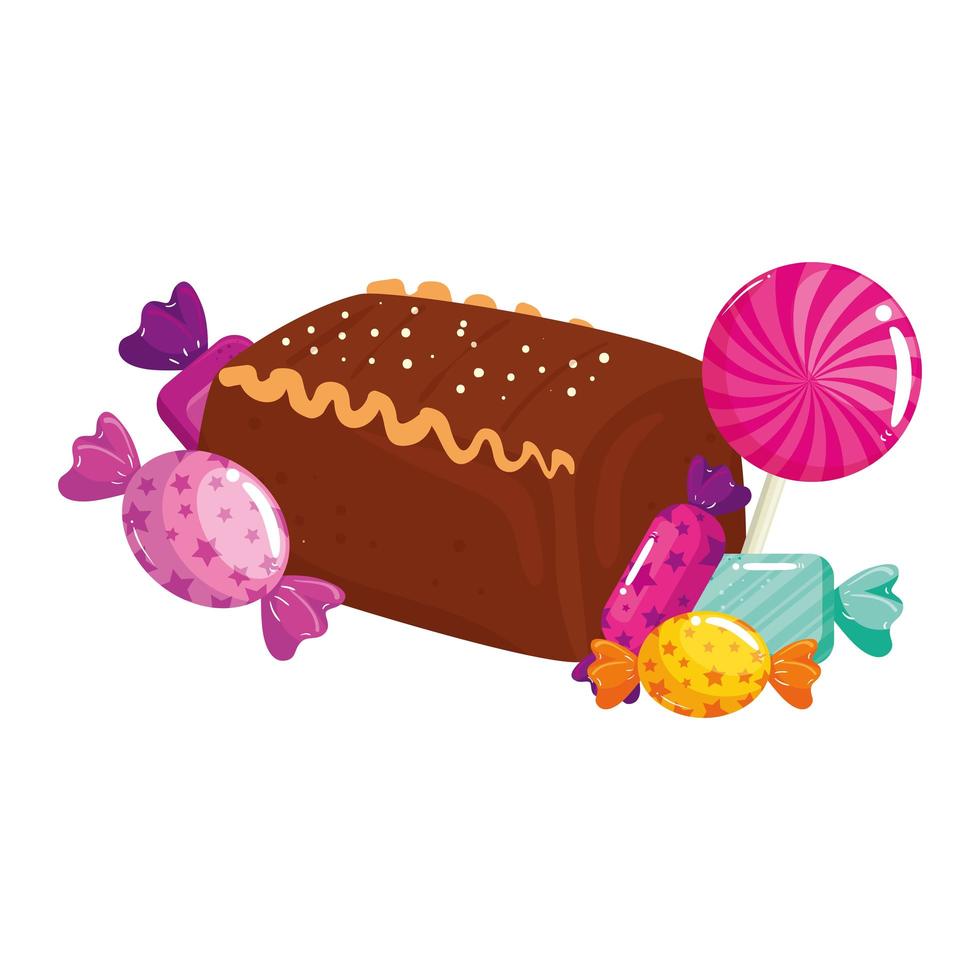 Délicieux gâteau au chocolat avec icône isolé de bonbons vecteur