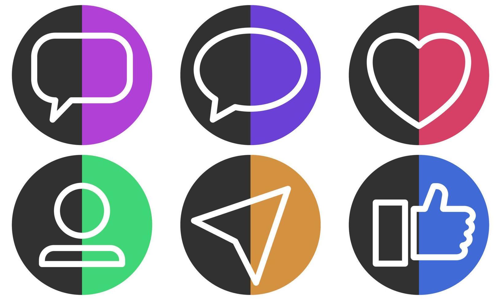 les bulles de discussion, le cœur, l'utilisateur, l'emplacement et les icônes sociales du pouce sur fond rond sont colorés. vecteur