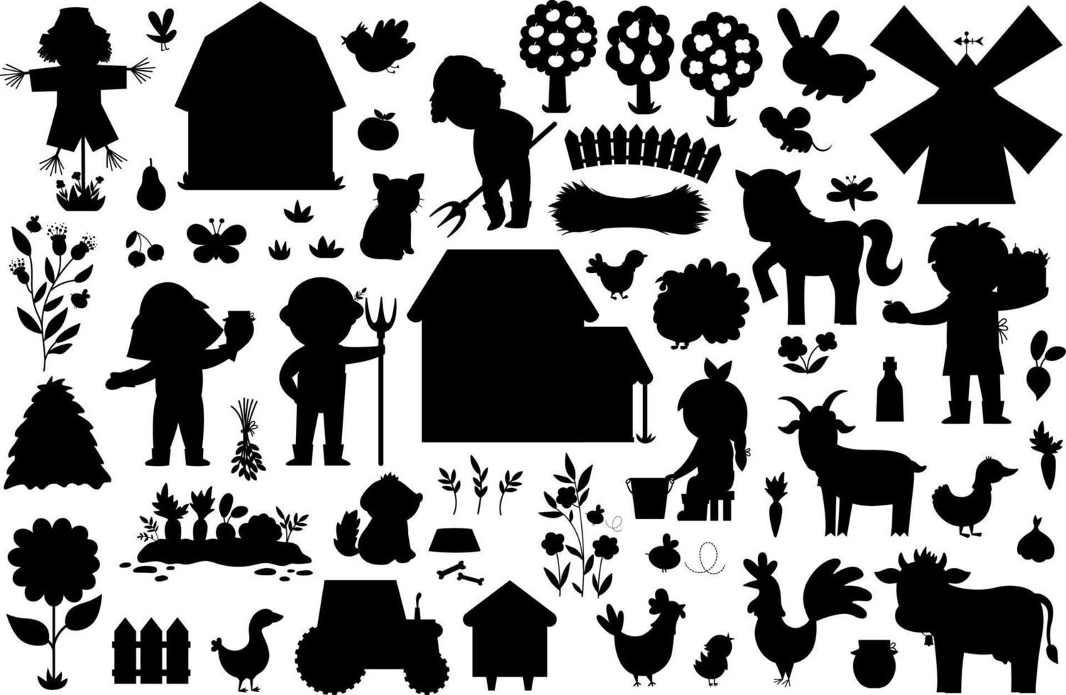 ensemble de silhouettes de ferme vectorielles. collection d'icônes noires rurales avec de drôles d'agriculteurs, grange, maison de campagne, animaux, oiseaux, tracteur, moulin à vent, foin, ruche. illustrations mignonnes d'ombre de village ou de jardin vecteur