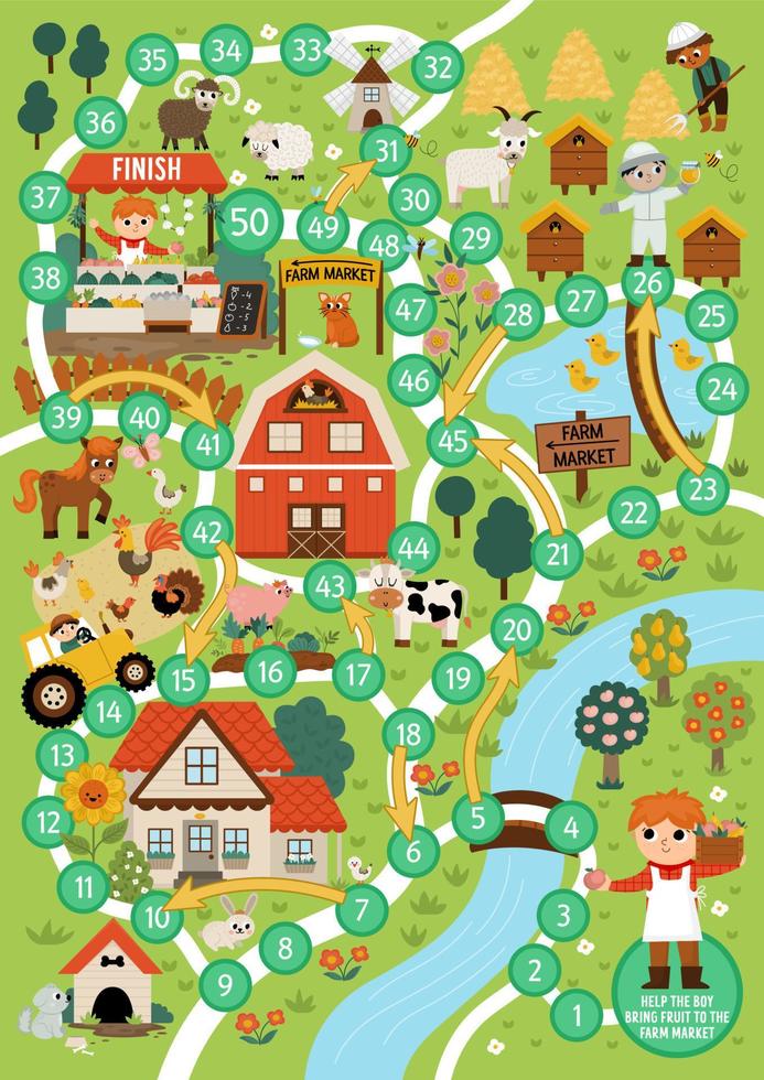 jeu de société de dés de ferme pour enfants avec carte du village. jeu de société de paysage de campagne. activité rurale ou feuille de travail imprimable pour les enfants. aider l'agriculteur à apporter des fruits au marché agricole vecteur