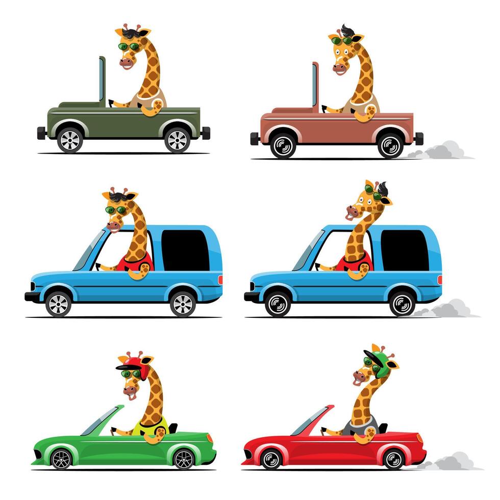 conducteur d'animaux, véhicule pour animaux de compagnie et girafe heureux en voiture. vecteur