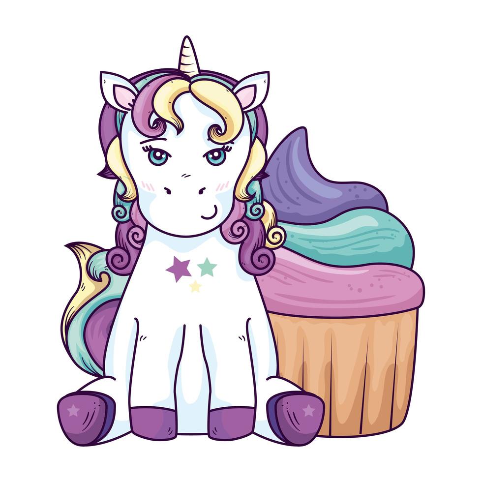 fantaisie de licorne mignon avec icône isolé cupcake vecteur