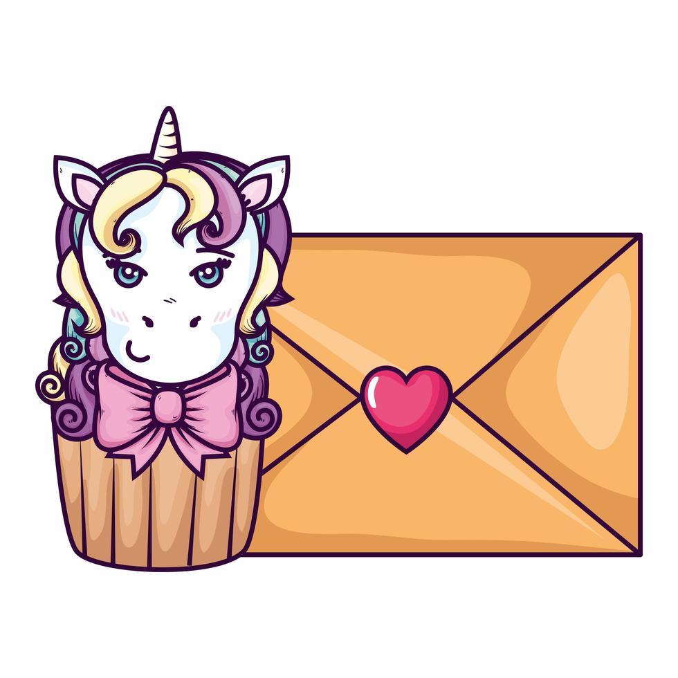 cupcake de tête de licorne mignonne avec enveloppe vecteur