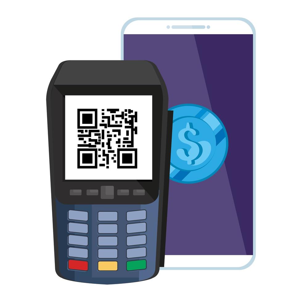 dataphone avec scan code qr et smartphone avec pièce de monnaie vecteur