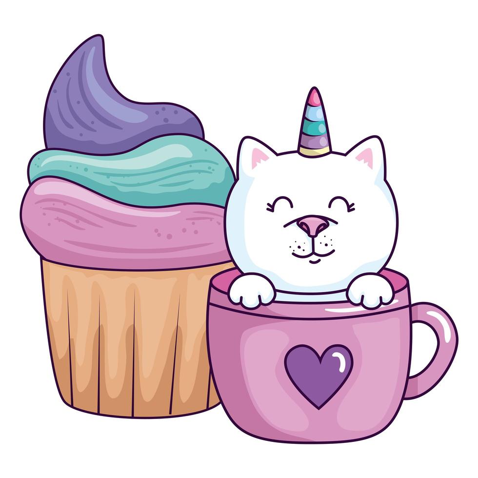 fantaisie de licorne de chat mignon dans une tasse avec cupcake vecteur