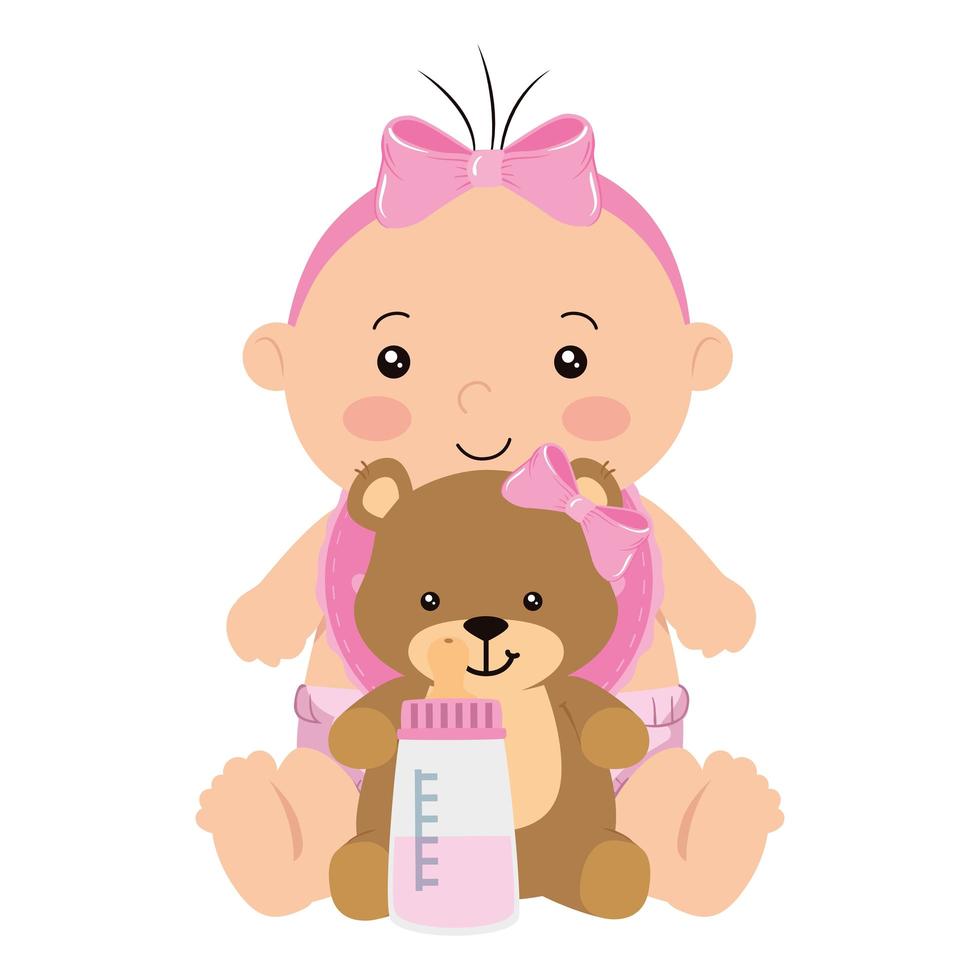 mignonne petite fille avec ours en peluche et bouteille de lait vecteur