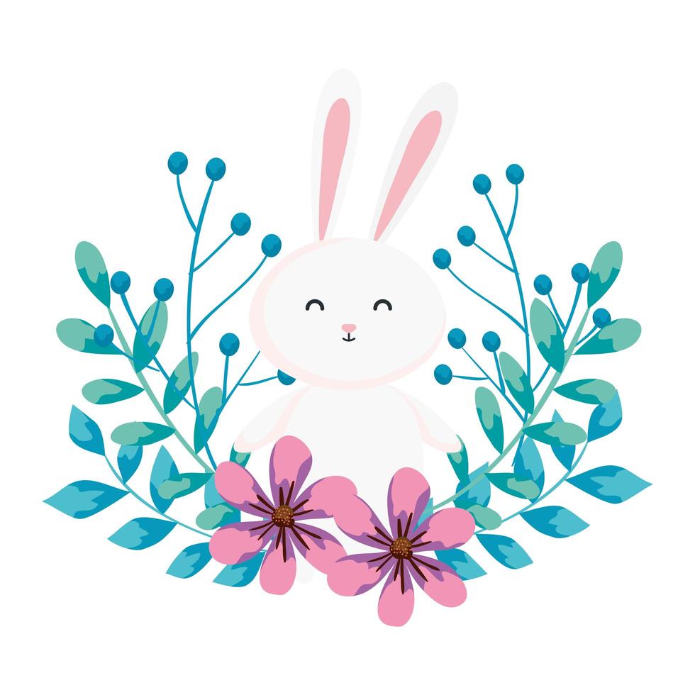 lapin mignon avec des fleurs et des feuilles vecteur