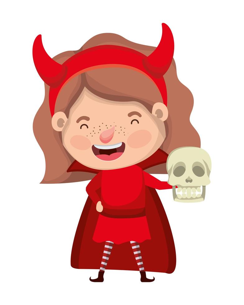 jolie petite fille avec costume de diable et crâne vecteur