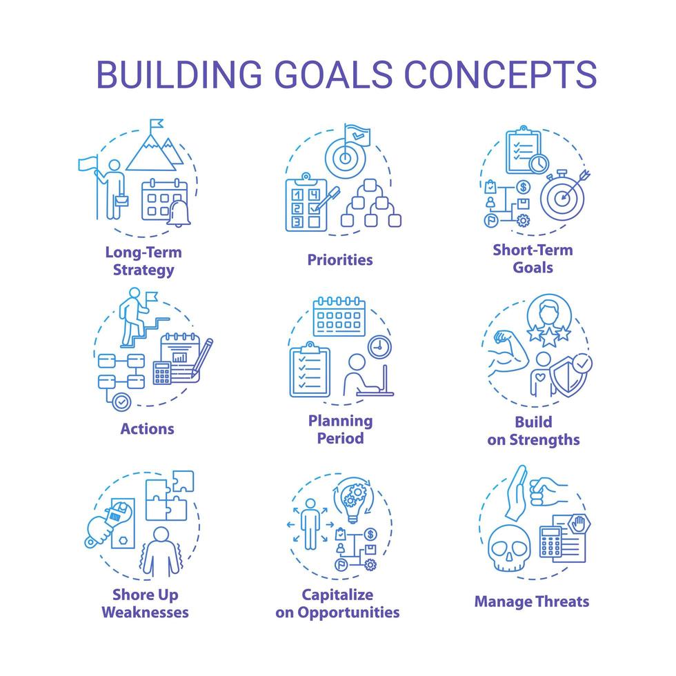 ensemble d'icônes de concept d'objectifs de construction. fixer un objectif à atteindre. stratégies SWOT. vecteur