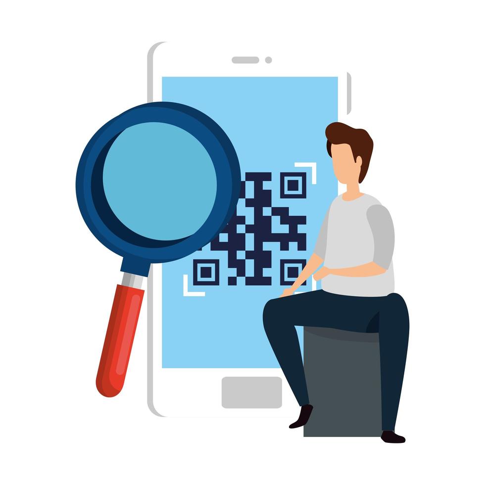 homme et smartphone avec scan code qr vecteur