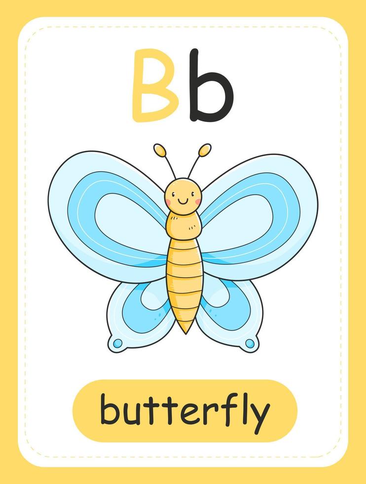 carte alphabet pour enfants avec la lettre b et un papillon. carte éducative pour les enfants. le mot papillon, l'alphabet anglais. illustration vectorielle. vecteur