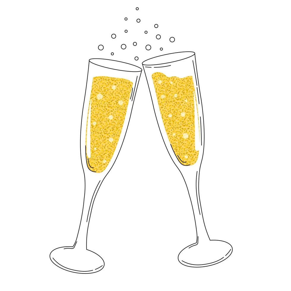 verres de champagne acclamations avec des paillettes et des boissons de style dessinés à la main isolés sur fond blanc vecteur