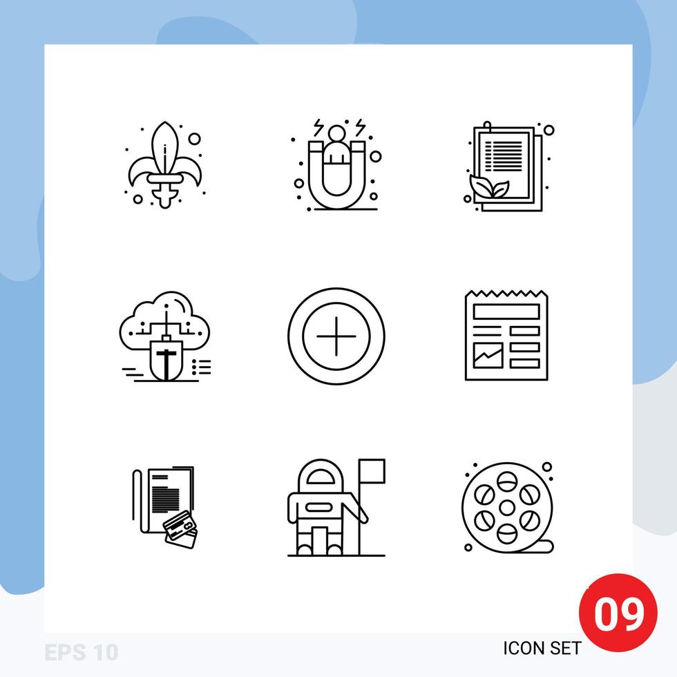 ensemble moderne de 9 contours pictogramme d'éléments de conception vectoriels modifiables de feuille de nuage de rétention de données connectées vecteur