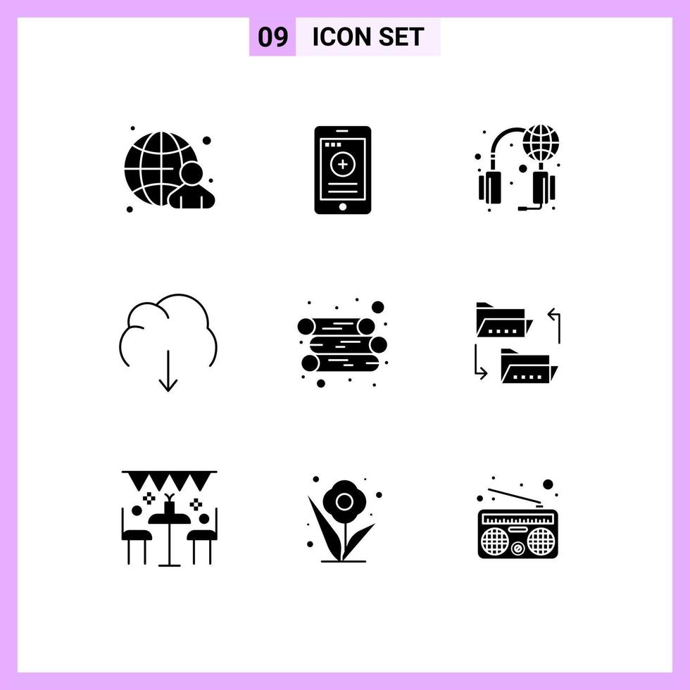 interface mobile glyphe solide ensemble de 9 pictogrammes d'énergie multimédia aide à télécharger des éléments de conception vectoriels modifiables en nuage vecteur