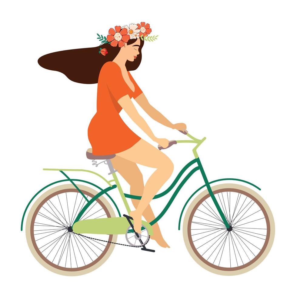 jolie brune sur un vélo de ville verte. illustration isolée pour le web et l'impression. élément de clip infographique à la mode. cheveux ornés de fleurs. robe d'été moderne pour femme. vecteur