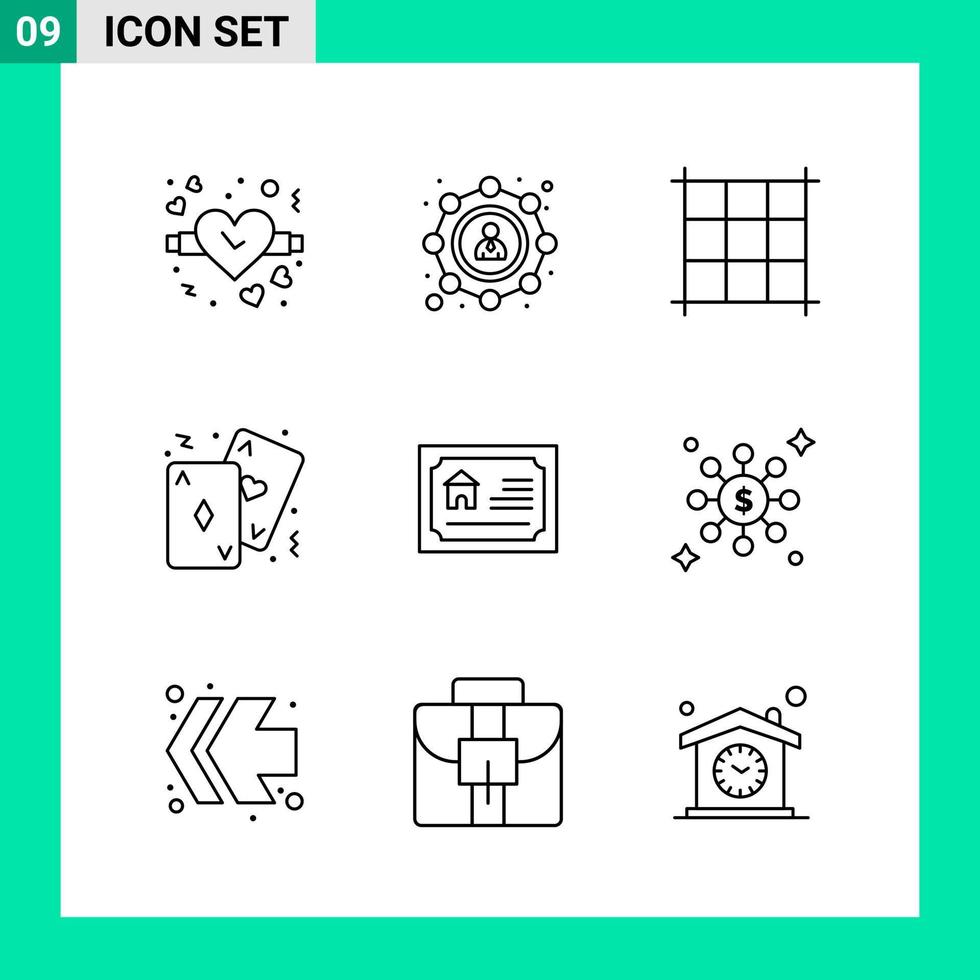 pack de 9 icônes de style de ligne définies symboles de contour pour imprimer des signes créatifs isolés sur fond blanc 9 jeu d'icônes vecteur