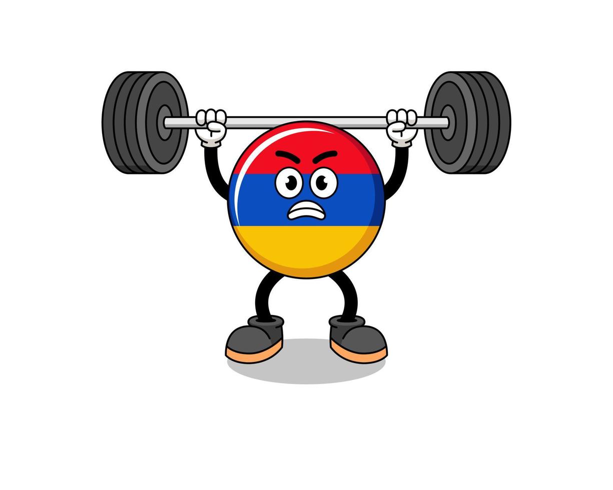 dessin animé de mascotte de drapeau arménien soulevant une barre vecteur