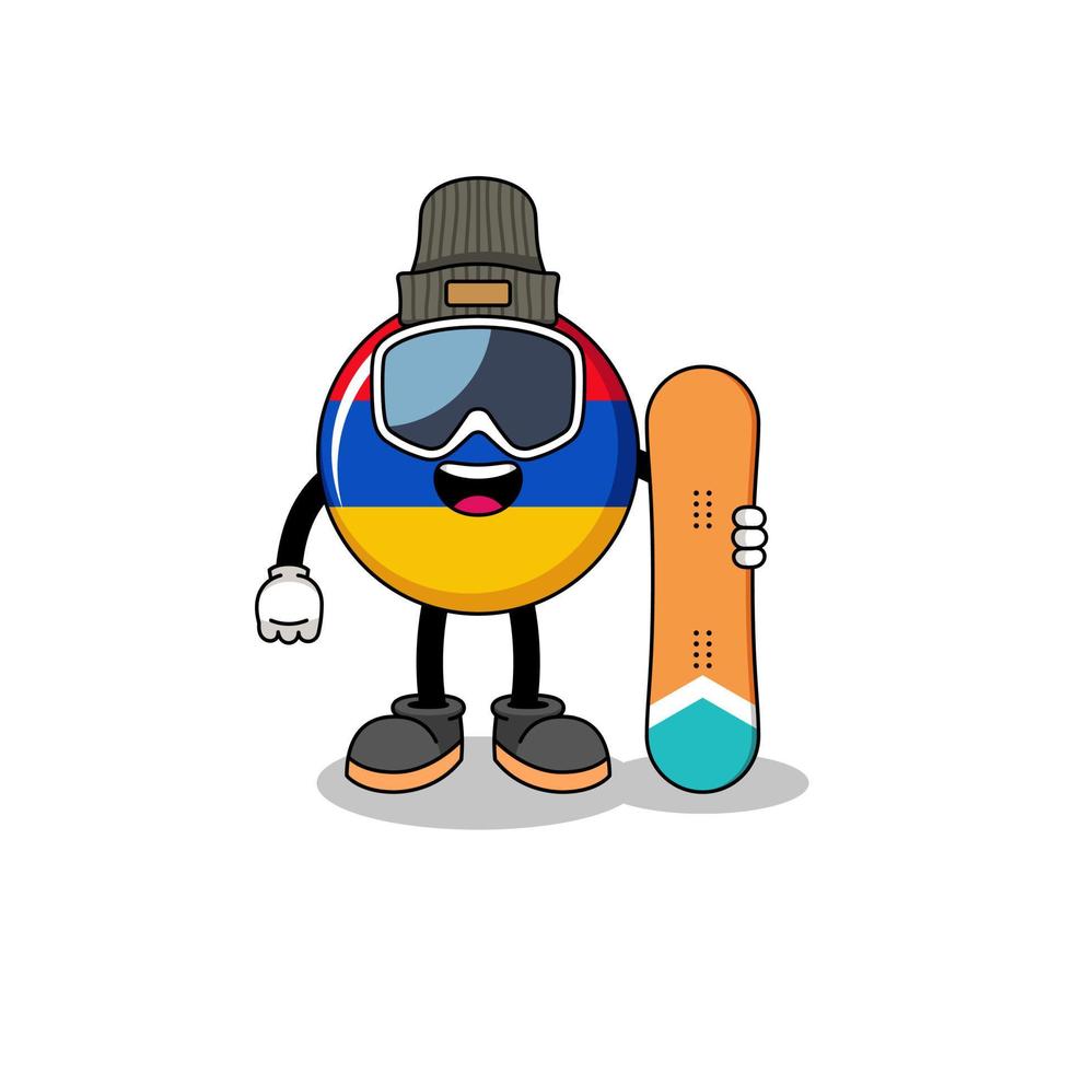 dessin animé de mascotte de joueur de snowboard drapeau arménien vecteur