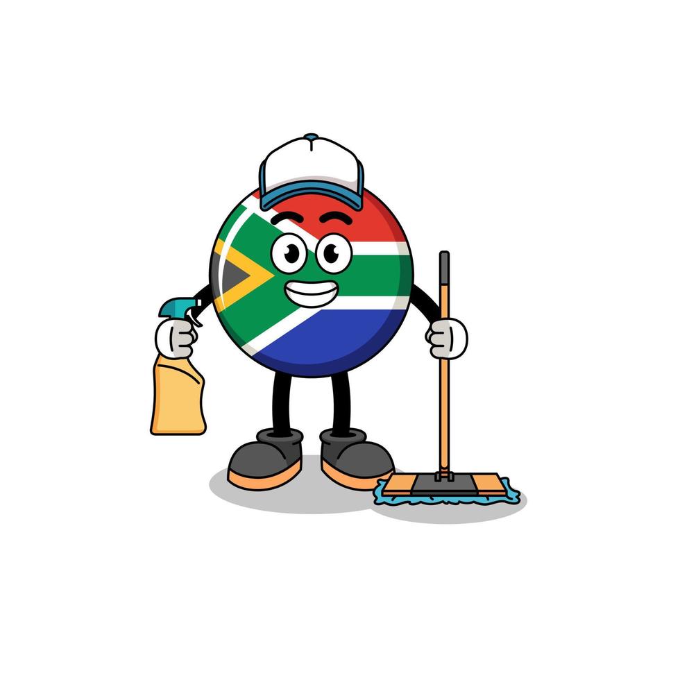 mascotte de personnage du drapeau sud-africain en tant que service de nettoyage vecteur