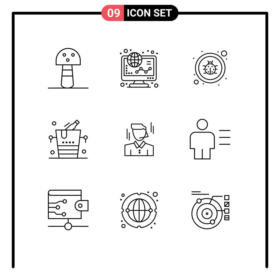 groupe de 9 contours modernes définis pour les éléments de conception vectoriels modifiables de seau à glace de bogue de vin de gestionnaire vecteur