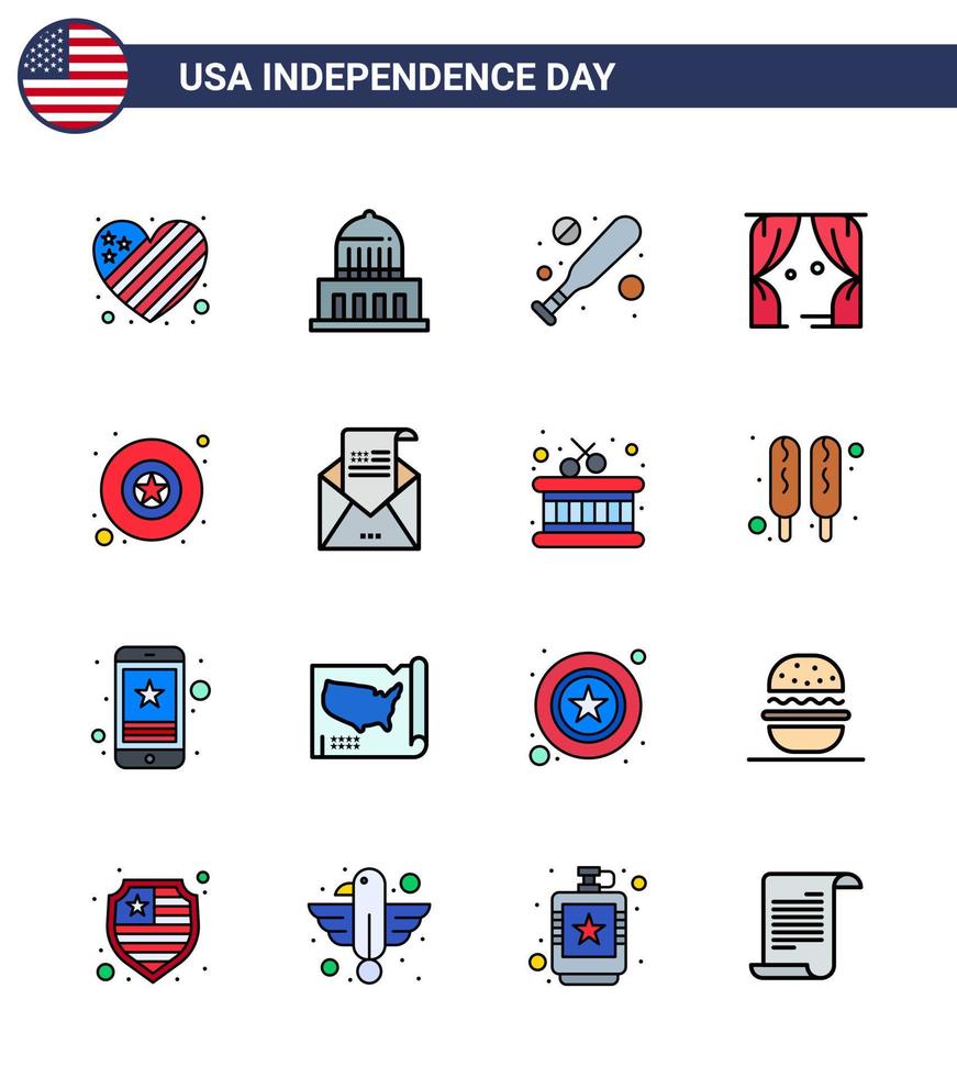 usa independance day plat rempli ligne ensemble de 16 pictogrammes usa de badge star baseball usa loisir modifiable usa day vector design elements