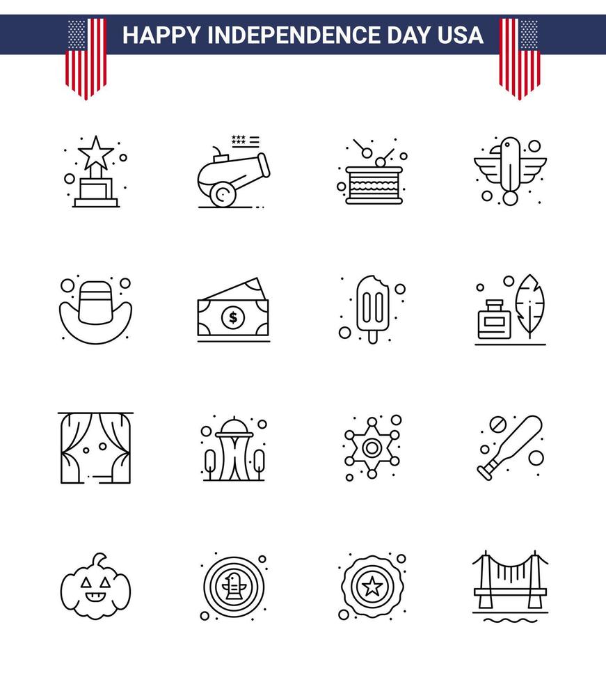 pack d'icônes vectorielles stock de jour américain 16 signes et symboles de ligne pour l'aigle américain tambour oiseau américain modifiable usa jour vecteur éléments de conception