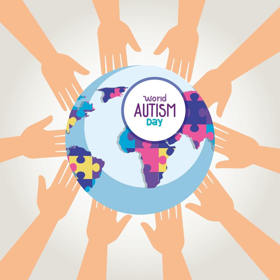 journée mondiale de l'autisme et planète mondiale avec les mains vecteur