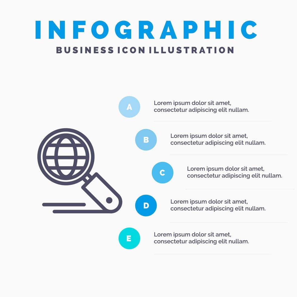 globe internet recherche seo ligne icône avec 5 étapes présentation infographie fond vecteur