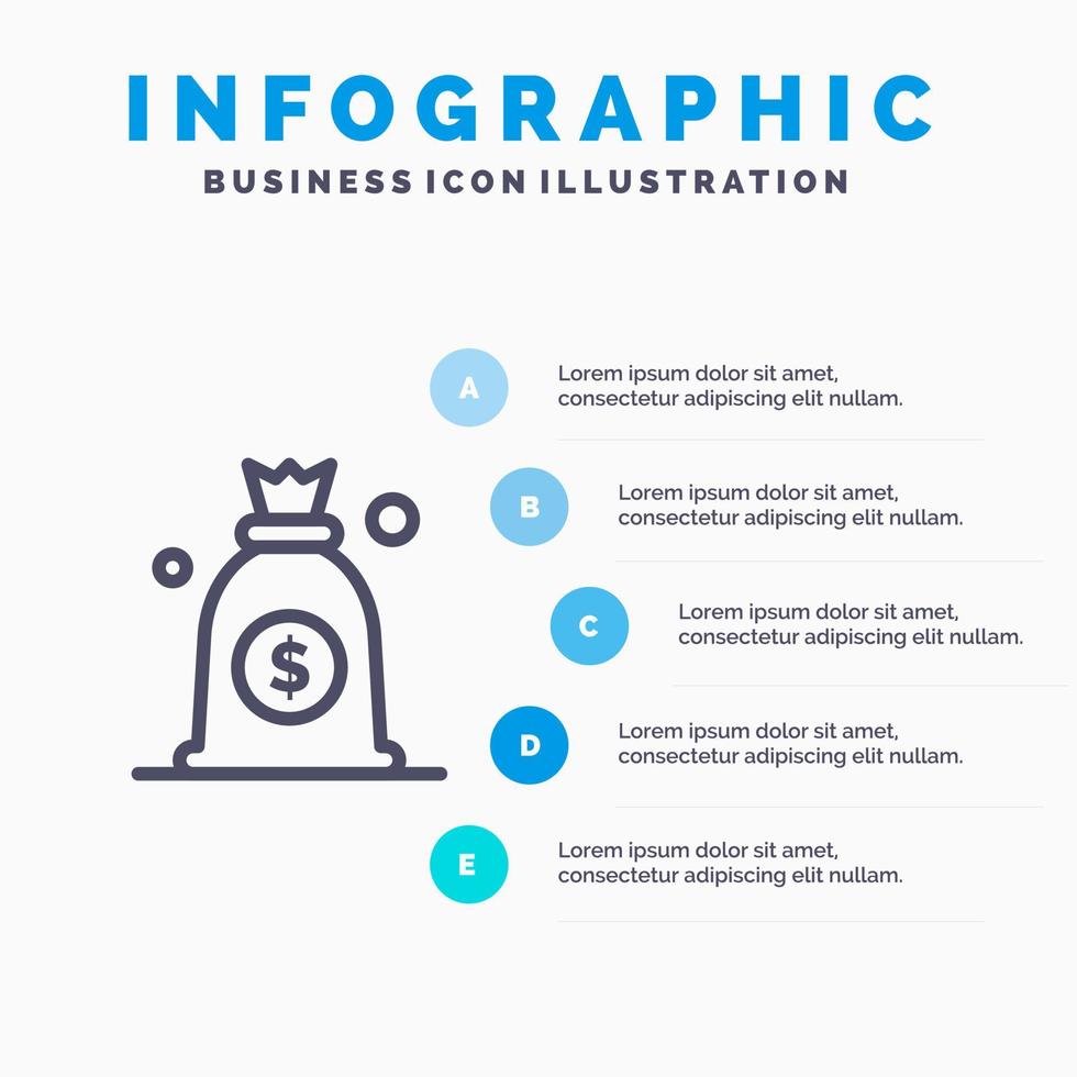 icône de ligne de sac d'argent dollar avec fond d'infographie de présentation en 5 étapes vecteur