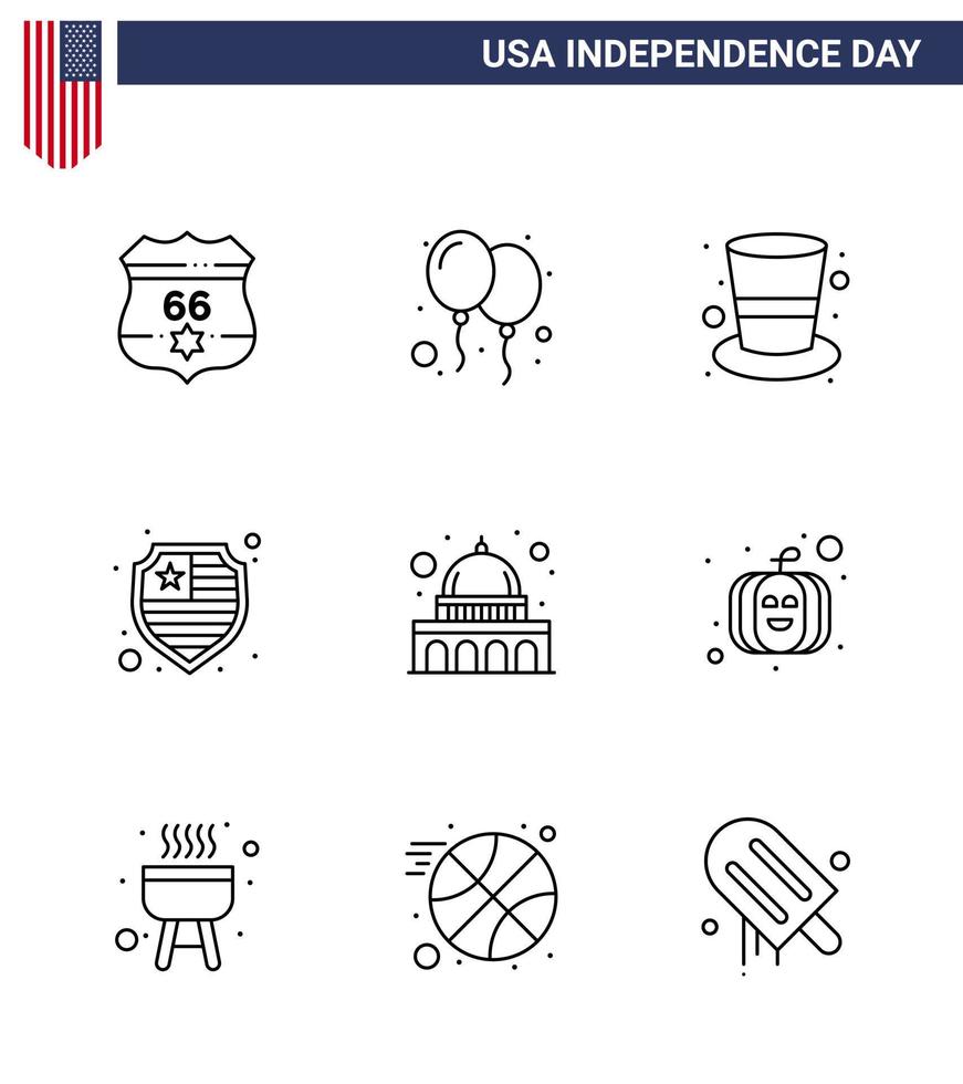 pack de 9 lignes de célébration de la fête de l'indépendance des états-unis et symboles du 4 juillet tels que le capitole des états-unis bouclier américain américain modifiable éléments de conception vectorielle de la journée des états-unis vecteur