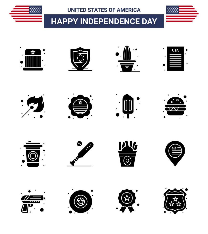16 icônes créatives des états-unis signes d'indépendance modernes et symboles du 4 juillet de feu extérieur fleur camping déclaration d'indépendance modifiables éléments de conception de vecteur de jour des états-unis