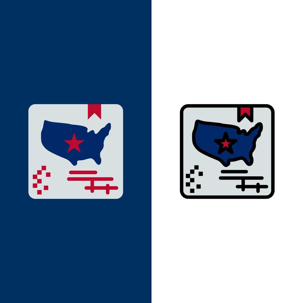 drapeau américain carte monde icônes plat et ligne remplie icône ensemble vecteur fond bleu
